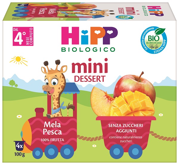 HIPP BIO MINI DESSERT MELA PESCA 4 VASETTI X 100 G SENZA ZUCCHERI AGGIUNTI E SENZA GLUTINE - Farmacia-flash.it