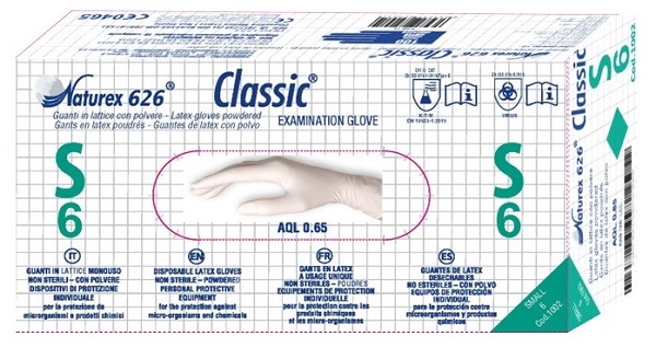 GUANTO IN LATTICE MONOUSO NON STERILE CON POLVERE NATUREX 626 CLASSIC MISURA SMALL 100 PEZZI - Farmacia-flash.it