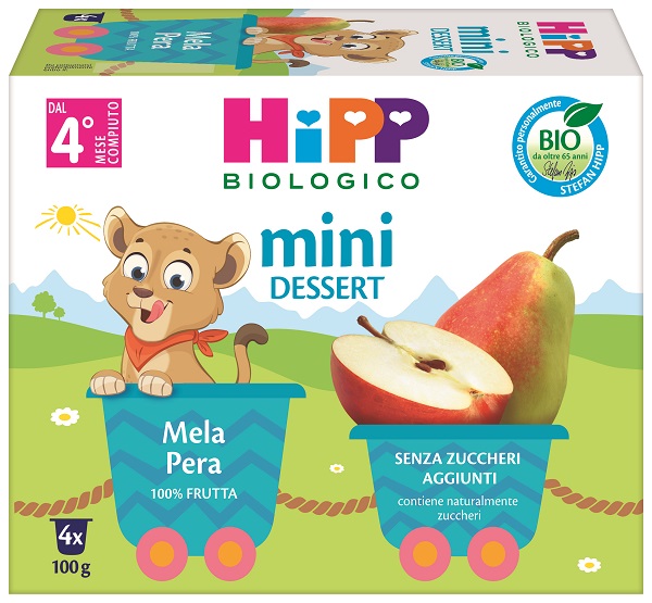 HIPP BIO MINI DESSERT MELA/PERA 4 VASETTI X 100 G SENZA ZUCCHERI AGGIUNTI E SENZA GLUTINE - Farmacia-flash.it
