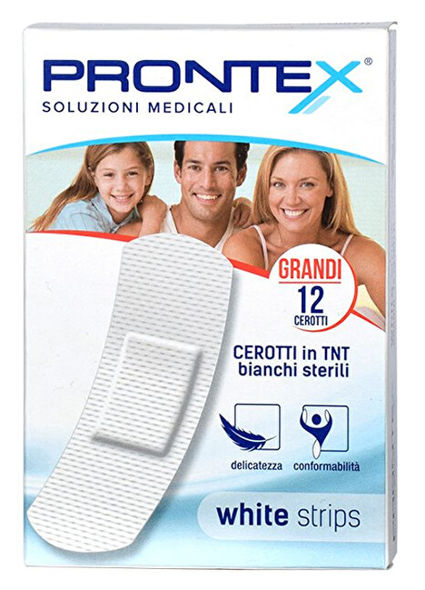 CEROTTO PRONTEX WHITE STRIPS IN TESSUTO NON TESSUTO BIANCO STERILE SCATOLA 12 CEROTTI GRANDI - Farmacia-flash.it