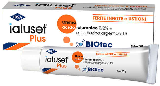 CREMA ACIDO IALURONICO 0,2% + SULFADIAZINA ARGENTICA 1% IALUSET PLUS FERITE INFETTE E USTIONI 25 G - Farmacia-flash.it