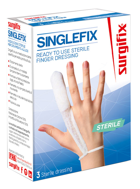 MEDICAZIONE STERILE PER DITO SINGLEFIX, COSTITUITA DA UNA GUAINA IN COTONE E DA UN'IMBOTTITURA INTERNA ASSORBENTE. SI APPLICA DIRETTAMENTE SULLA FERITA E SI FISSA AL POLSO - Farmacia-flash.it