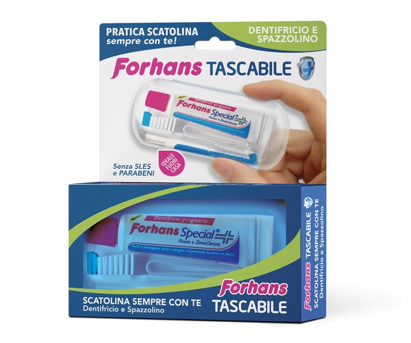 FORHANS TRAVEL KIT TASCABILE COMPOSTO DA SPAZZOLINO DA VIAGGIO + FORHANS SPECIAL PASTA DENTIFRICIA TUBETTO 12,5 ML - Farmacia-flash.it