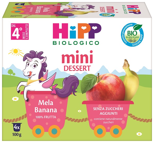 HIPP BIO MINI DESSERT MELA/BANANA 4 VASETTI X 100 G SENZA ZUCCHERI AGGIUNTI E SENZA GLUTINE - Farmacia-flash.it
