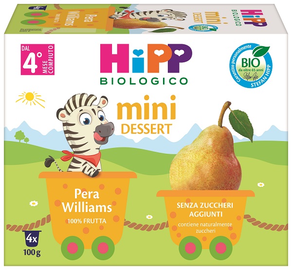 HIPP BIO MINI DESSERT PERA WILLIAMS 4 VASETTI X 100 G SENZA ZUCCHERI AGGIUNTI E SENZA GLUTINE - Farmacia-flash.it