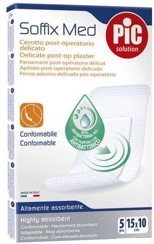 CEROTTO PIC SOFFIX MED IN TNT CON TAMPONE CENTRALE ASSORBENTE STERILE MONOUSO 10X15 CM ANTIBATTERICO 5 PEZZI - Farmacia-flash.it