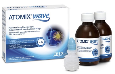 ATOMIX WAVE DISPOSITIVO PER IGIENE RINOFARINGEA ATOMIX SOLUZIONE SALINA 250 ML 2 PEZZI + TERMINALE NASALE + EROGATORE A SOFFIETTO - Farmacia-flash.it