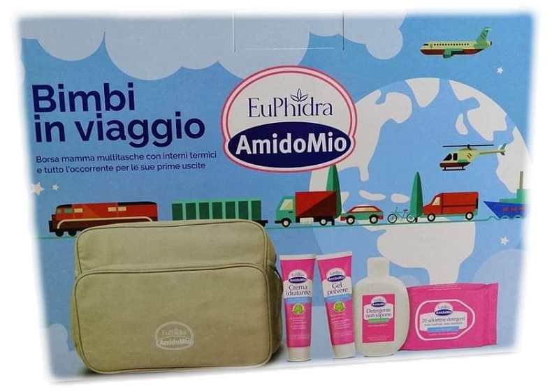 EUPHIDRA AMIDOMIO BORSA BIMBI VIAGGIO GEL POLVERE 50ML + DETERGENTE NON SAPONE 200ML + CREMA IDRATANTE 50ML + SALVIETTINE 20 PEZZI - Farmacia-flash.it