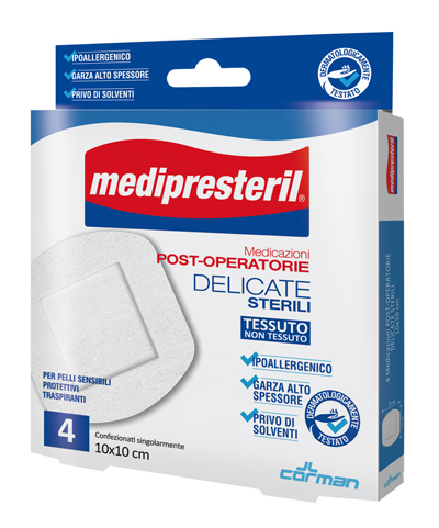 CEROTTO DI MEDICAZIONE STERILE CON SUPPORTO IN TNT MEDIPRESTERIL POSTOPERATORIO DELICATO 10X10 CM 4 PEZZI - Farmacia-flash.it