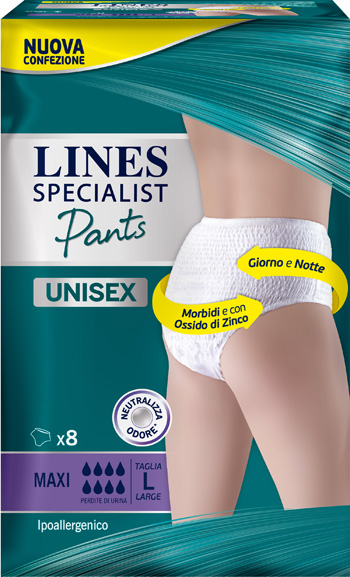 LINES SPECIALIST PANTS MAXI L X 8 PANNOLONE MUTANDINA INDOSSABILE COME NORMALE BIANCHERIA TIPO PULL-ON - Farmacia-flash.it