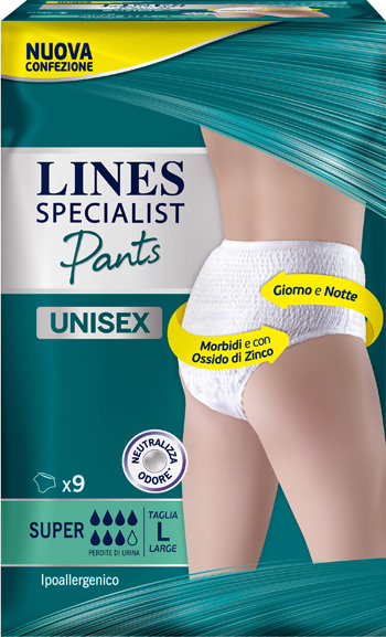 LINES SPECIALIST PANTS SUPER L X 9 PANNOLONE MUTANDINA INDOSSABILE COME NORMALE BIANCHERIA TIPO PULL-ON - Farmacia-flash.it