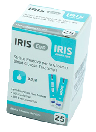STRISCE MISURAZIONE GLICEMIA IRIS EVO 25 PEZZI - Farmacia-flash.it