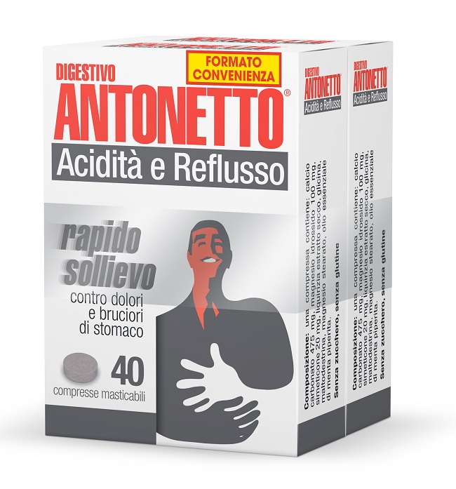 DIGESTIVO ANTONETTO ACIDITA' E REFLUSSO 80 COMPRESSE MASTICABILI 2 ASTUCCI DA 40 COMPRESSE - Farmacia-flash.it