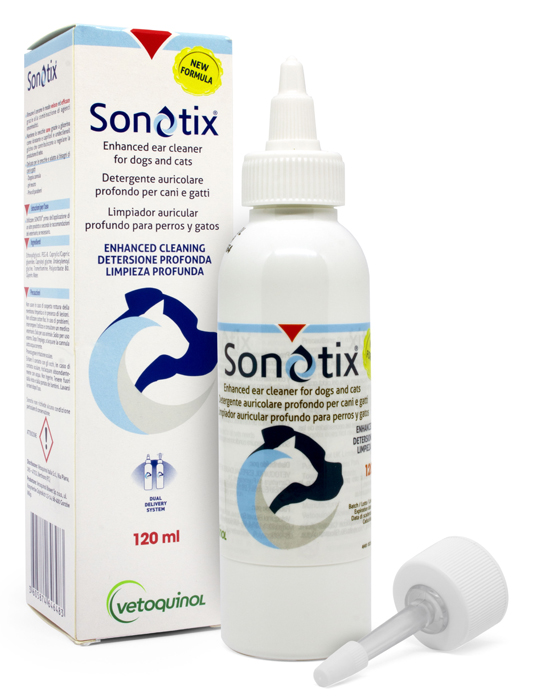 SONOTIX DETERGENTE AURICOLARE PROFONDO CANI E GATTI FLACONE 120 ML + CANNULA CORTA RIGIDA + CANNULA LUNGA FLESSIBILE - Farmacia-flash.it