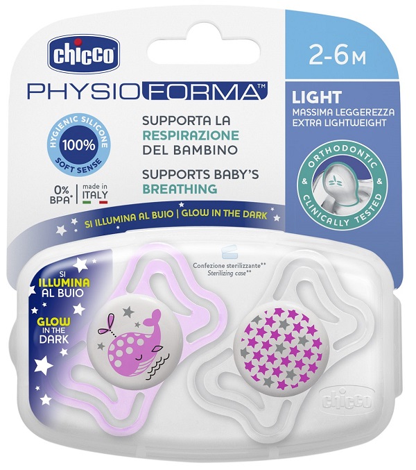 CHICCO SUCCHIETTO LIGHT LUMINOSO SILICONE 2-6 MESI 2 PEZZI - Farmacia-flash.it