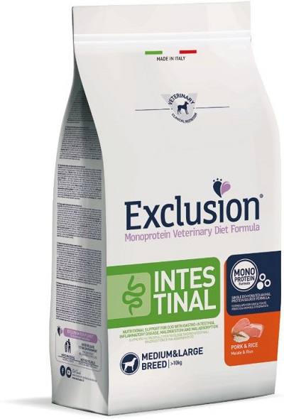 EXCLUSION MONOPROTEIN VETERINARY DIET FORMULA DOG INTESTINAL PORK AND RICE MEDIUM/LARGE 12 KG DRY - Farmacia-flash.it