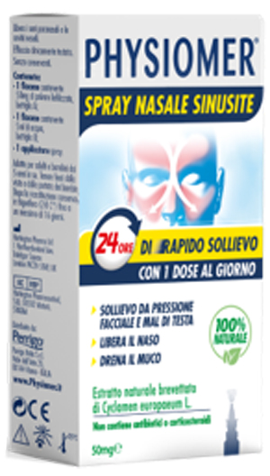 PHYSIOMER SPRAY NASALE SINUSITE 2 PEZZI 1 FLACONE DA 50 MG DI ESTRATTO DI CICLAMINO NATURALE LIOFILIZZATO + 1 FIALE DA 5 ML DI SOLVENTE - Farmacia-flash.it