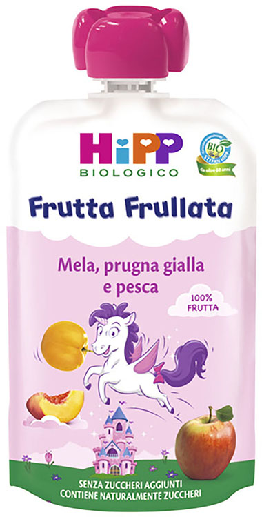 HIPP BIO FRUTTA FRULLATA UNICORNO MELA PRUGNA GIALLA PESCA 90 G - Farmacia-flash.it