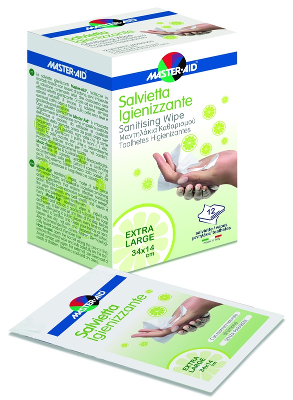 MASTER-AID SAVIETTA IMPREGNATA DI SOLUZIONE IGIENIZZANTE XL 12 PEZZI - Farmacia-flash.it