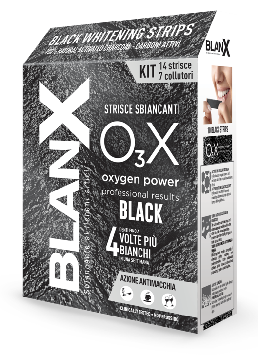 BLANX O3X BLACK STRISCE SBIANCANTI E ANTIMACCHIA 14 PEZZI - Farmacia-flash.it