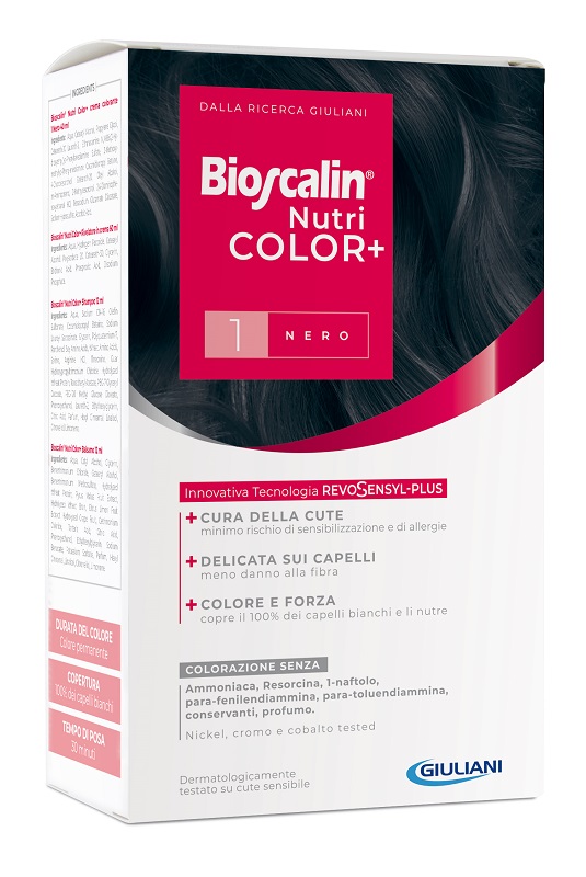BIOSCALIN NUTRICOLOR PLUS 1 NERO CREMA COLORANTE 40 ML + RIVELATORE CREMA 60 ML + SHAMPOO 12 ML + TRATTAMENTO FINALE BALSAMO 12 ML - Farmacia-flash.it