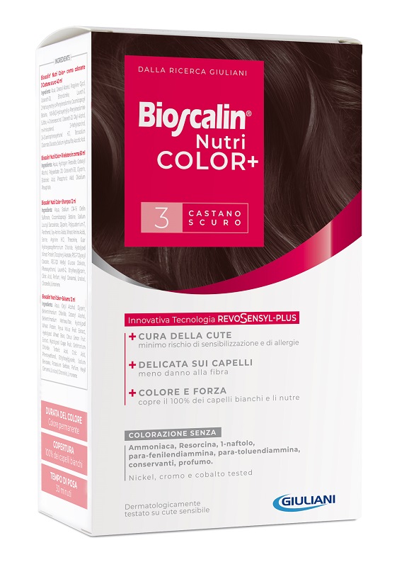 BIOSCALIN NUTRICOLOR PLUS 3 CASTANO SCURO CREMA COLORANTE 40 ML + RIVELATORE CREMA 60 ML + SHAMPOO 12 ML + TRATTAMENTO FINALE BALSAMO 12 ML - Farmacia-flash.it