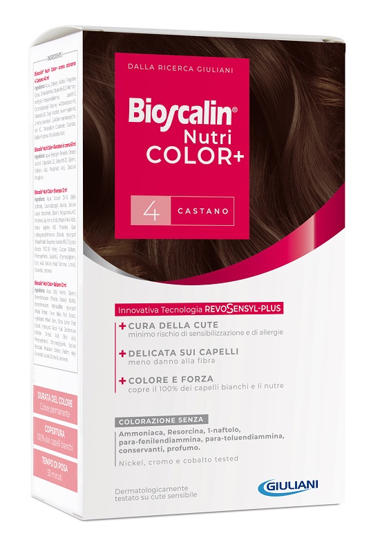 BIOSCALIN NUTRICOLOR PLUS 4 CASTANO CREMA COLORANTE 40 ML + RIVELATORE CREMA 60 ML + SHAMPOO 12 ML + TRATTAMENTO FINALE BALSAMO 12 ML - Farmacia-flash.it