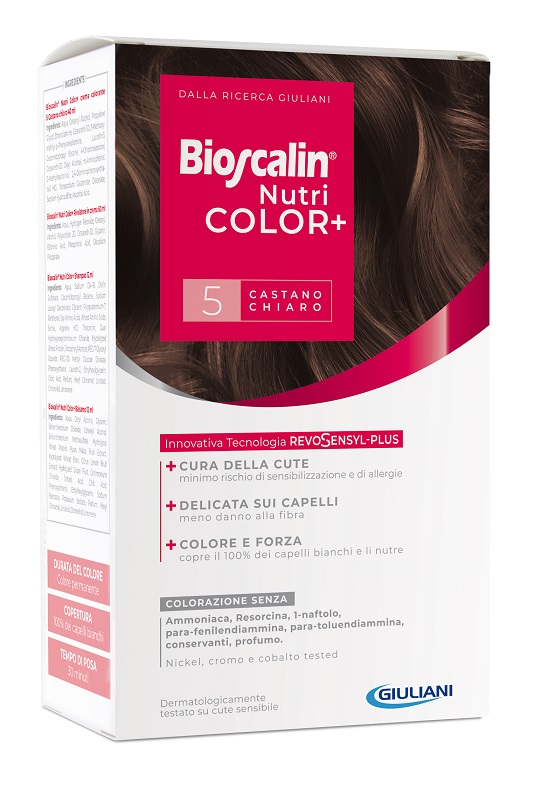 BIOSCALIN NUTRICOLOR PLUS 5 CASTANO CHIARO CREMA COLORANTE 40 ML + RIVELATORE CREMA 60 ML + SHAMPOO 12 ML + TRATTAMENTO FINALE BALSAMO 12 ML - Farmacia-flash.it