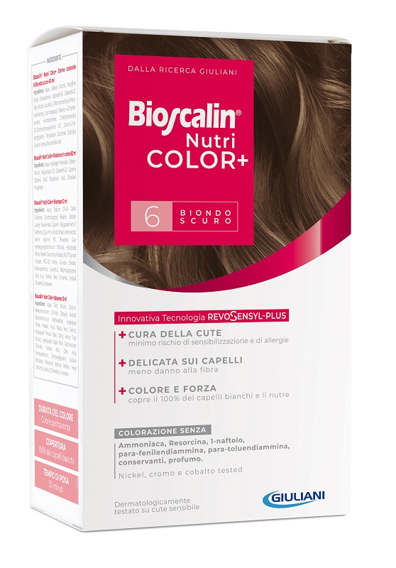 BIOSCALIN NUTRICOLOR PLUS 6 BIONDO SCURO CREMA COLORANTE 40 ML + RIVELATORE CREMA 60 ML + SHAMPOO 12 ML + TRATTAMENTO FINALE BALSAMO 12 ML - Farmacia-flash.it