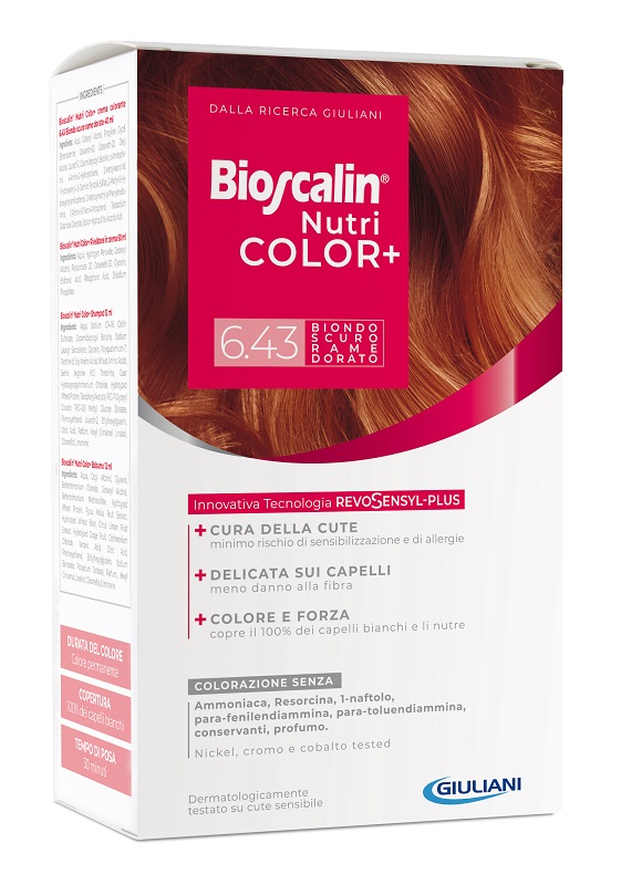 BIOSCALIN NUTRICOLOR PLUS 6,43 BIONDO SCURO RAME DORATO CREMA COLORANTE 40 ML + RIVELATORE CREMA 60 ML + SHAMPOO 12 ML + TRATTAMENTO FINALE BALSAMO 12 ML - Farmacia-flash.it