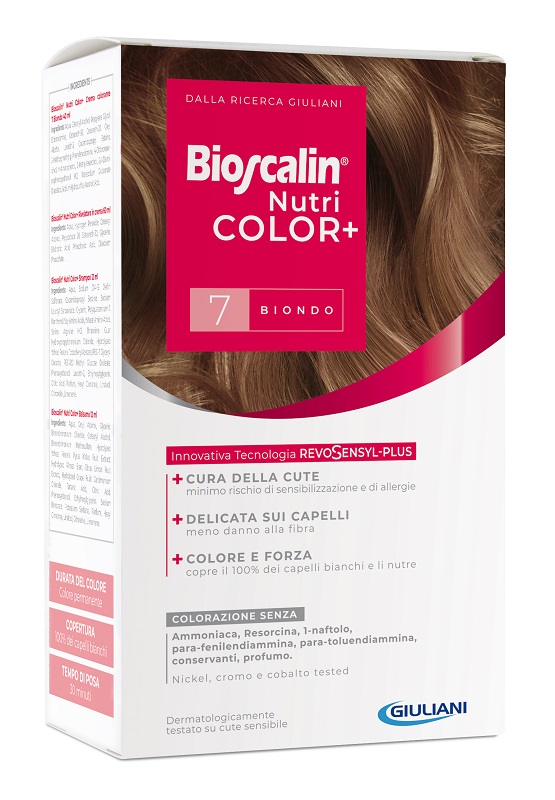 BIOSCALIN NUTRICOLOR PLUS 7 BIONDO CREMA COLORANTE 40 ML + RIVELATORE CREMA 60 ML + SHAMPOO 12 ML + TRATTAMENTO FINALE BALSAMO 12 ML - Farmacia-flash.it
