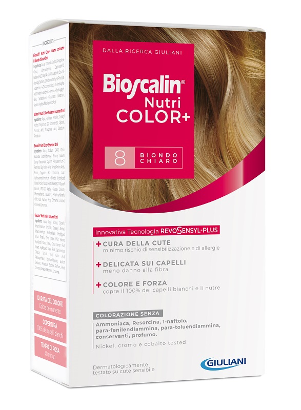 BIOSCALIN NUTRICOLOR PLUS 8 BIONDO CHIARO CREMA COLORANTE 40 ML + RIVELATORE CREMA 60 ML + SHAMPOO 12 ML + TRATTAMENTO FINALE BALSAMO 12 ML - Farmacia-flash.it