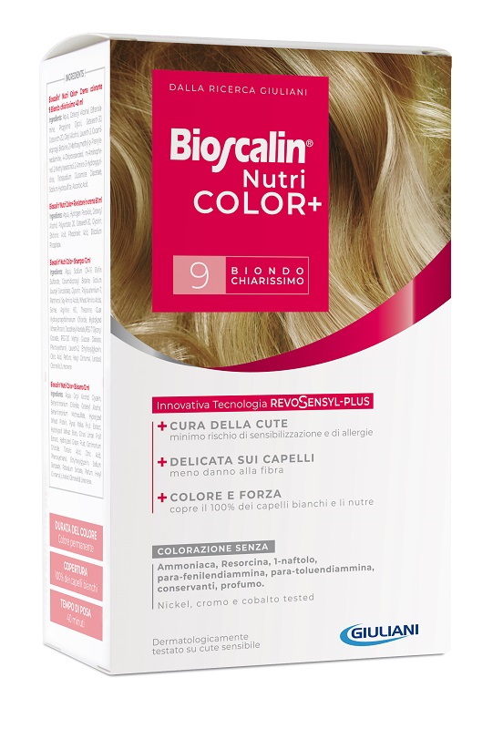 BIOSCALIN NUTRICOLOR PLUS 9 BIONDO CHIARISSIMO CREMA COLORANTE 40 ML + RIVELATORE CREMA 60 ML + SHAMPOO 12 ML + TRATTAMENTO FINALE BALSAMO 12 ML - Farmacia-flash.it