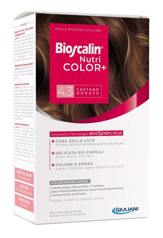 BIOSCALIN NUTRICOLOR PLUS 4,3 CASTANO DORATO CREMA COLORANTE 40 ML + RIVELATORE CREMA 60 ML + SHAMPOO 12 ML + TRATTAMENTO FINALE BALSAMO 12 ML - Farmacia-flash.it