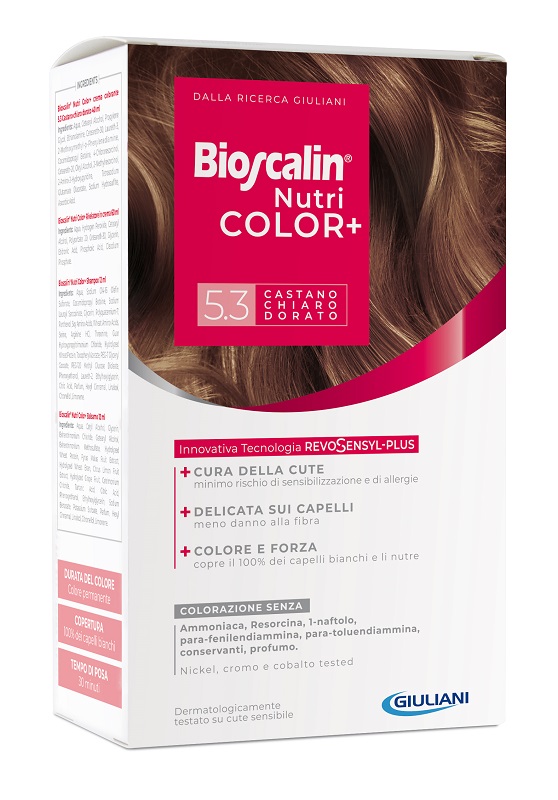 BIOSCALIN NUTRICOLOR PLUS 5,3 CASTANO CHIARO DORATO CREMA COLORANTE 40 ML + RIVELATORE CREMA 60 ML + SHAMPOO 12 ML + TRATTAMENTO FINALE BALSAMO 12 ML - Farmacia-flash.it