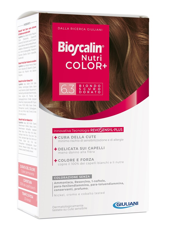 BIOSCALIN NUTRICOLOR PLUS 6,3 BIONDO SCURO DORATO CREMA COLORANTE 40 ML + RIVELATORE CREMA 60 ML + SHAMPOO 12 ML + TRATTAMENTO FINALE BALSAMO 12 ML - Farmacia-flash.it