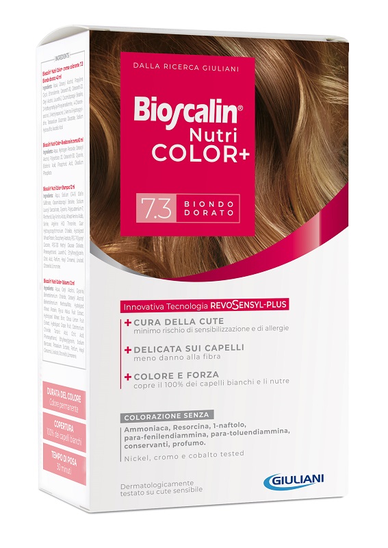 BIOSCALIN NUTRICOLOR PLUS 7,3 BIONDO DORATO CREMA COLORANTE 40 ML + RIVELATORE CREMA 60 ML + SHAMPOO 12 ML + TRATTAMENTO FINALE BALSAMO 12 ML - Farmacia-flash.it