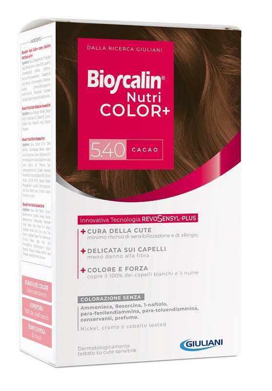 BIOSCALIN NUTRICOLOR PLUS 5,40 CACAO CREMA COLORANTE 40 ML + RIVELATORE CREMA 60 ML + SHAMPOO 12 ML + TRATTAMENTO FINALE BALSAMO 12 ML - Farmacia-flash.it