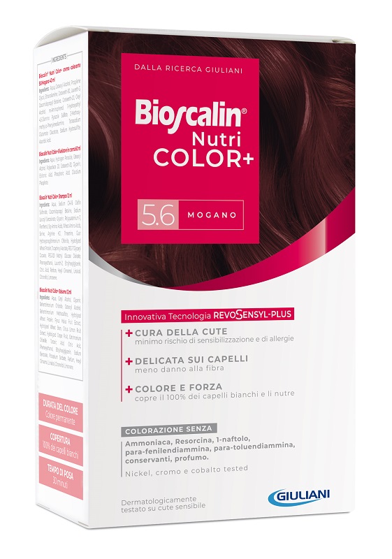 BIOSCALIN NUTRICOLOR PLUS 5,6 MOGANO CREMA COLORANTE 40 ML + RIVELATORE CREMA 60 ML + SHAMPOO 12 ML + TRATTAMENTO FINALE BALSAMO 12 ML - Farmacia-flash.it