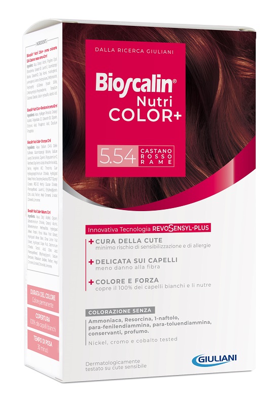 BIOSCALIN NUTRICOLOR PLUS 5,54 CASTANO ROSSO RAME CREMA COLORANTE 40 ML + RIVELATORE CREMA 60 ML + SHAMPOO 12 ML + TRATTAMENTO FINALE BALSAMO 12 ML - Farmacia-flash.it