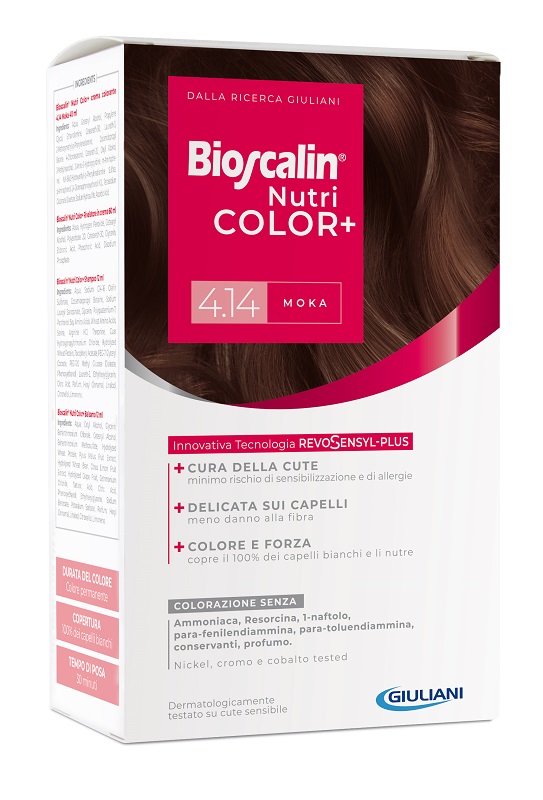 BIOSCALIN NUTRICOLOR PLUS 4,14 MOKA CREMA COLORANTE 40 ML + RIVELATORE CREMA 60 ML + SHAMPOO 12 ML + TRATTAMENTO FINALE BALSAMO 12 ML - Farmacia-flash.it
