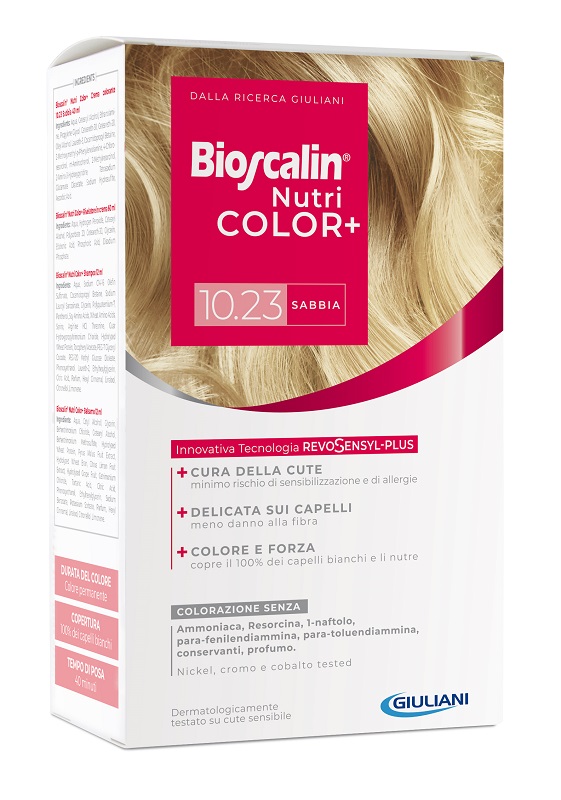 BIOSCALIN NUTRICOLOR PLUS 10,23 SABBIA CREMA COLORANTE 40 ML + RIVELATORE CREMA 60 ML + SHAMPOO 12 ML + TRATTAMENTO FINALE BALSAMO 12 ML - Farmacia-flash.it
