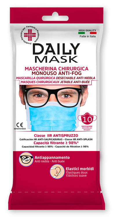 MASCHERINA CHIRURGICA MONOUSO ANTI-FOG DAILY MASK TIPO IIR TRE TNT STRATI ANTISPRUZZO 10 PEZZI - Farmacia-flash.it