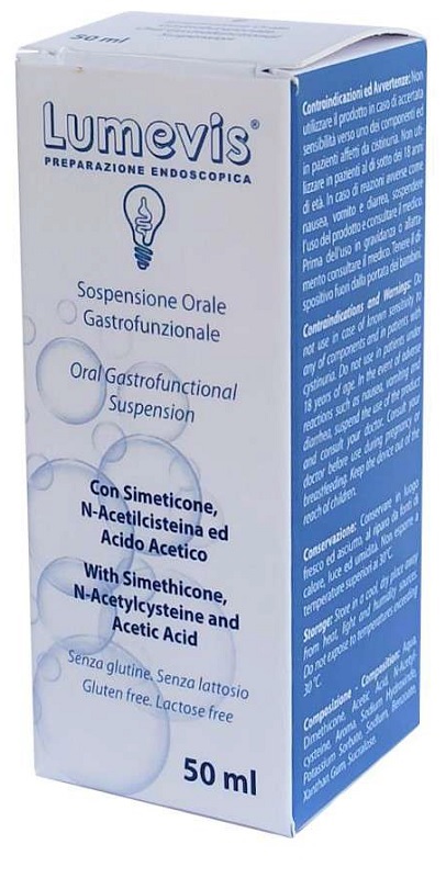 LUMEVIS SOSPENSIONE ORALE MONOUSO A BASE DI SIMETICONE N-ACETILCISTEINA E ACIDO ACETICO DA UTILIZZARE IN PREPARAZIONE DI ESAMI CLINICI AMBITO GASTROSCOPICO 50 ML - Farmacia-flash.it