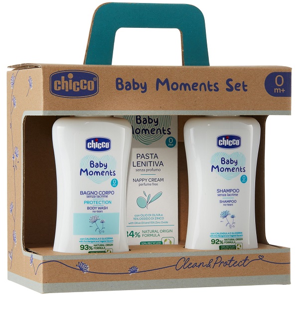 CHICCO BABY MOMENTS SET BAGNOCHIUMA PELLI DELICATE 200 ML + SHAMPOO PELLI DELICATE 200 ML + PASTA CAMBIO PELLI DELICATE 100 ML - Farmacia-flash.it