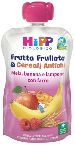 HIPP BIO FRUTTA FRULLATA&CEREALI ANTICHI MELA BANANA LAMPONE FARRO 90 G - Farmacia-flash.it