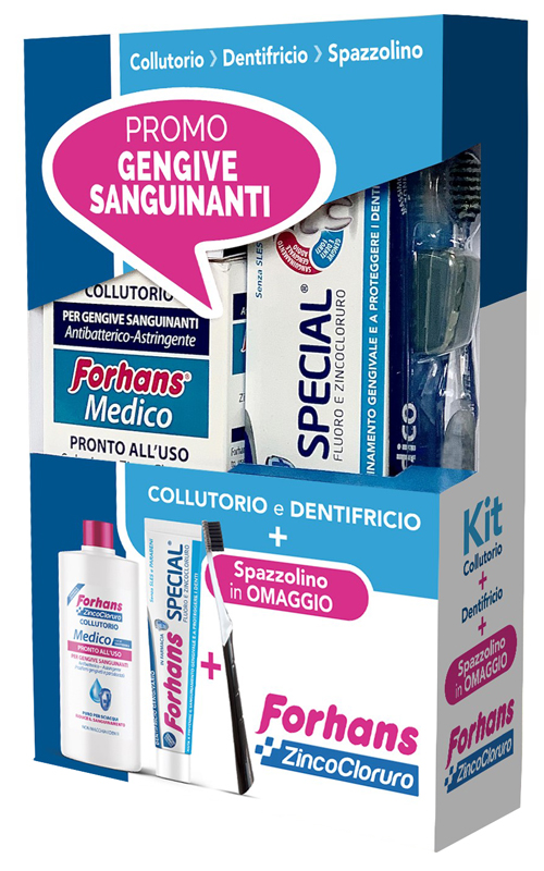 FORHANS KIT GENGIVE SANGUINANTI 1 FORHANS COLLUTORIO MEDICO 250 ML + 1 FORHANS DENTIFRICIO SPECIAL 75 ML + 1 FORHANS SPAZZOLINO MEDICO IN OMAGGIO - Farmacia-flash.it